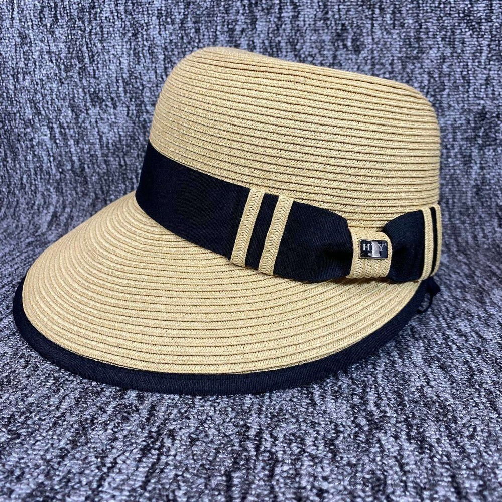 HBY Miami Straw Sun Hat Wide Brim Black Ribbon Bow Beach Bucket Visor Women OS
